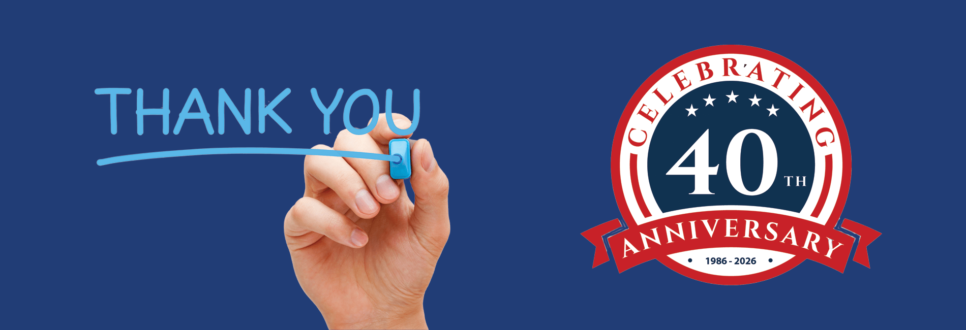 Thank You handwritten message on blue background with Kiss Carpet Design Center 40th Anniversary badge, celebrating 40 years from 1986 to 2026