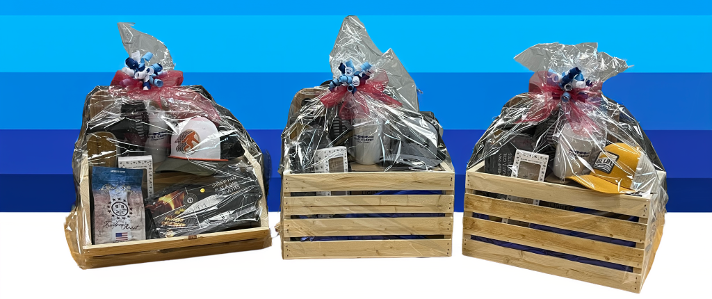 wrapped gift baskets featuring local Michigan products raffle drawing for 40th anniversary
